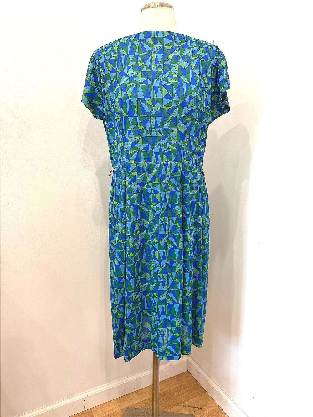 60s Handmade Geometric Pattern Blue and Green Women's Dress